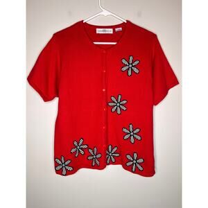 1990s Marisa Christina Bright Red Gingham Flowers Kidcore Teacher Cardigan L